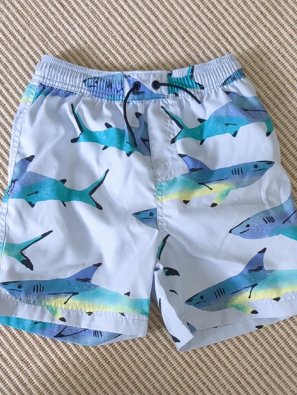 Tea Collection Boys White Swim Shorts with Blue-Green Shark Print